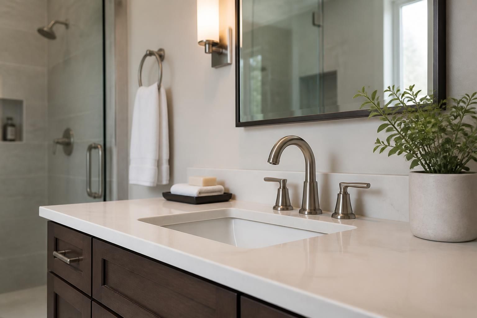 Finished bathroom with modern faucet and clean vanity.