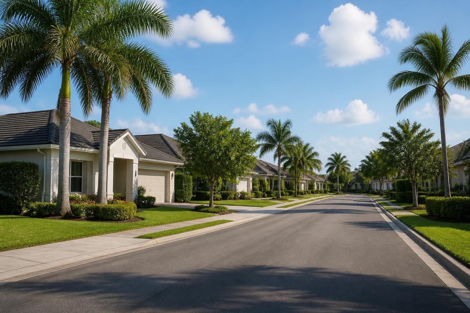Residential district with palm trees and clean homes.