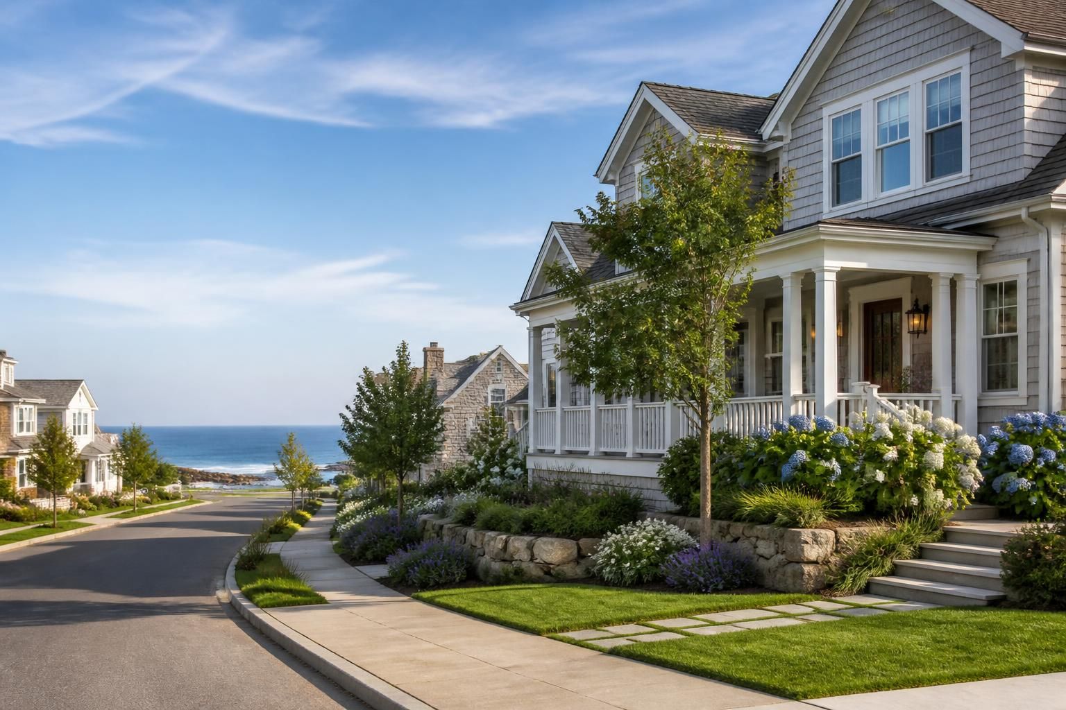 Elegant coastal homes under bright, calm skies.