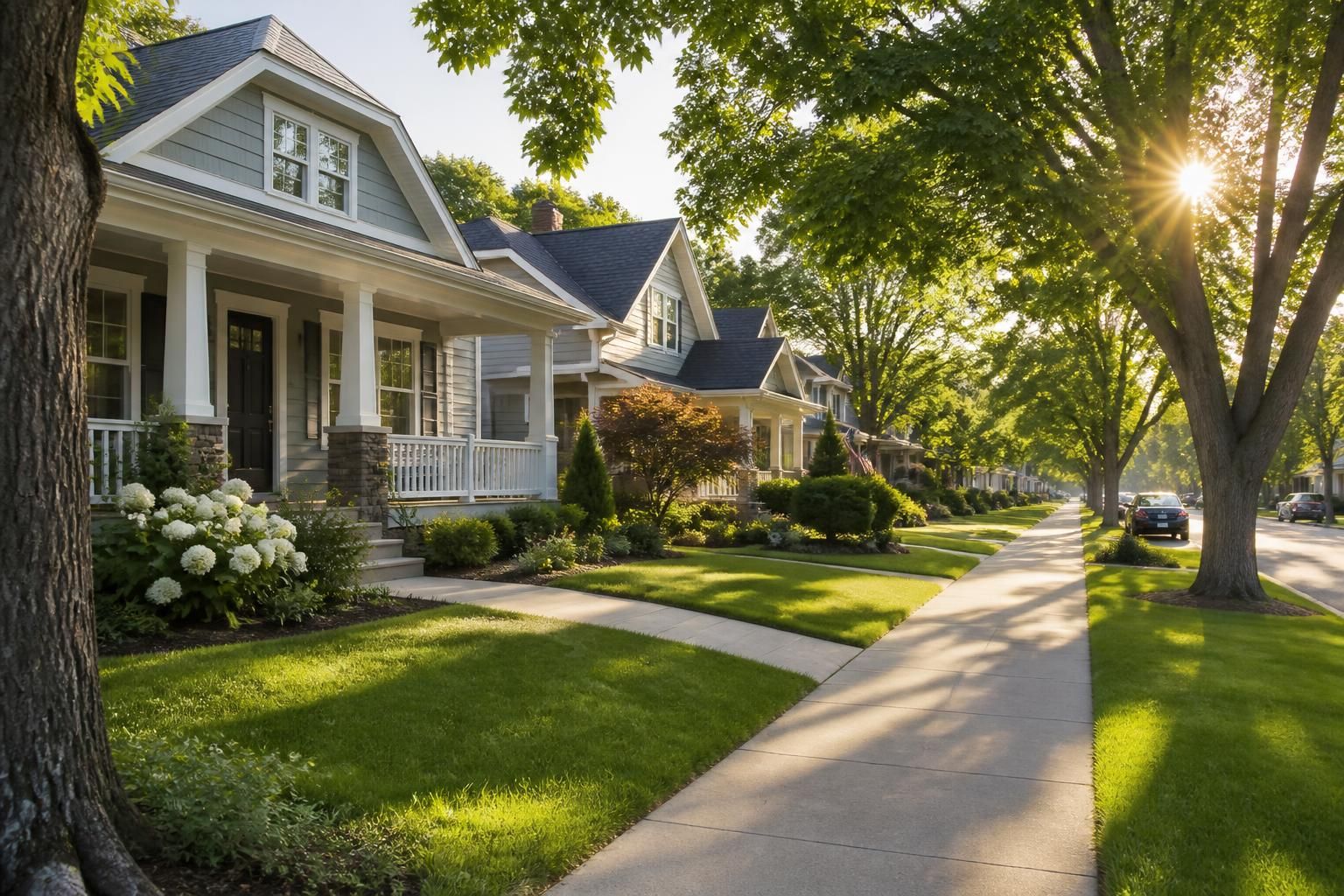 Tree-lined neighborhood street with well-kept homes.