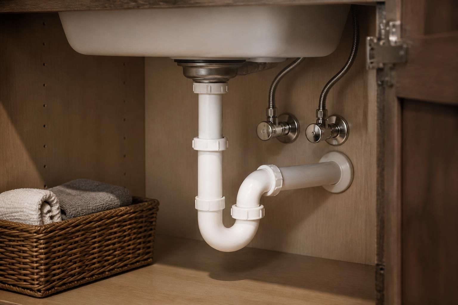 Clean under-sink plumbing area with a neatly resolved leak repair.