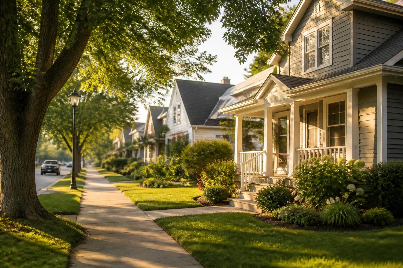 Suburban street with mature trees and tidy homes.