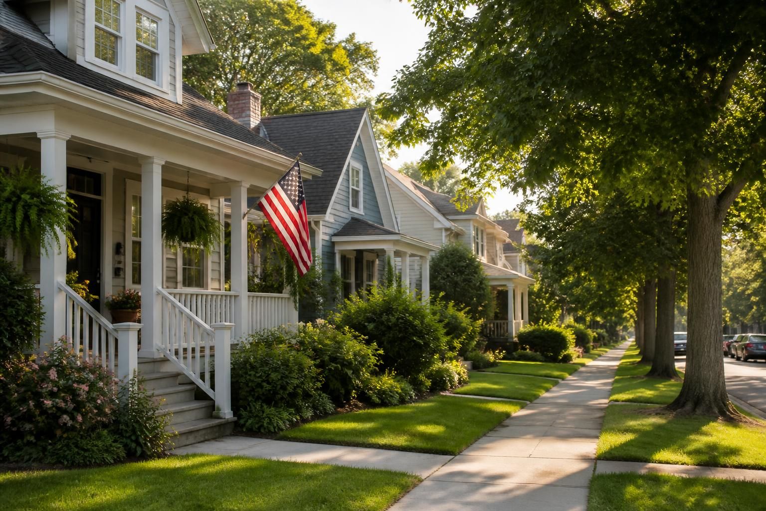 Well-kept neighborhood homes with soft natural light.