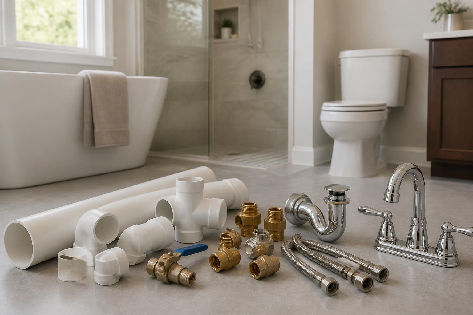 Neatly arranged plumbing materials beside a finished bathroom project.