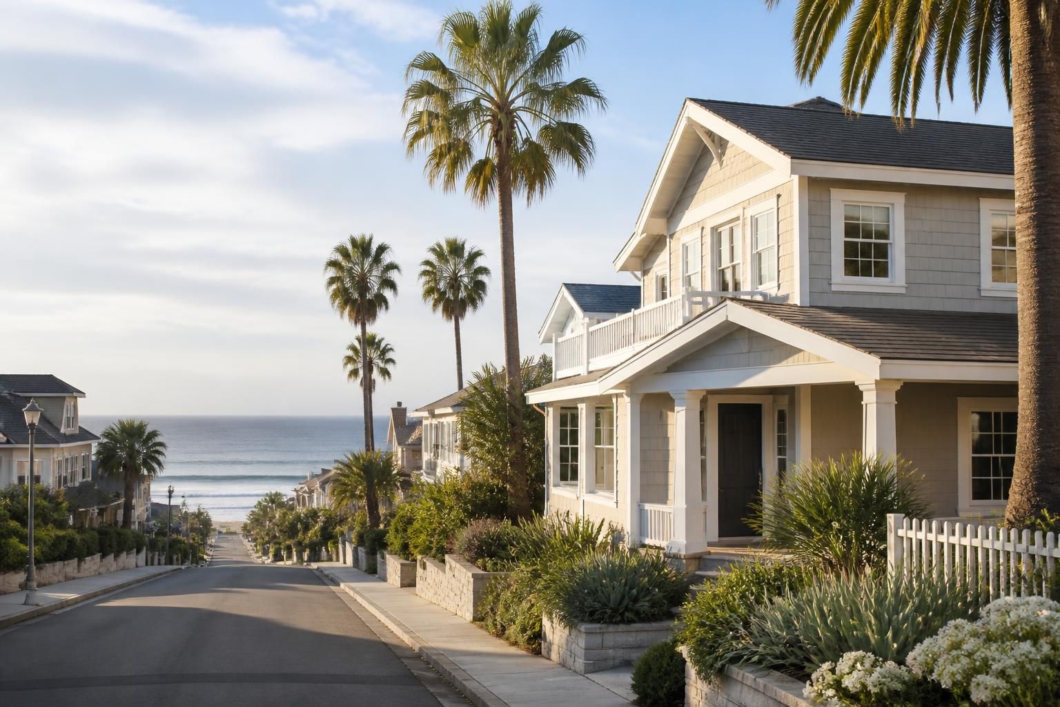 Tidy coastal neighborhood with palm trees in soft daylight.
