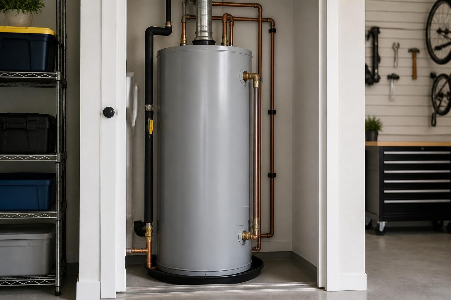 Modern water heater in a clean utility space.