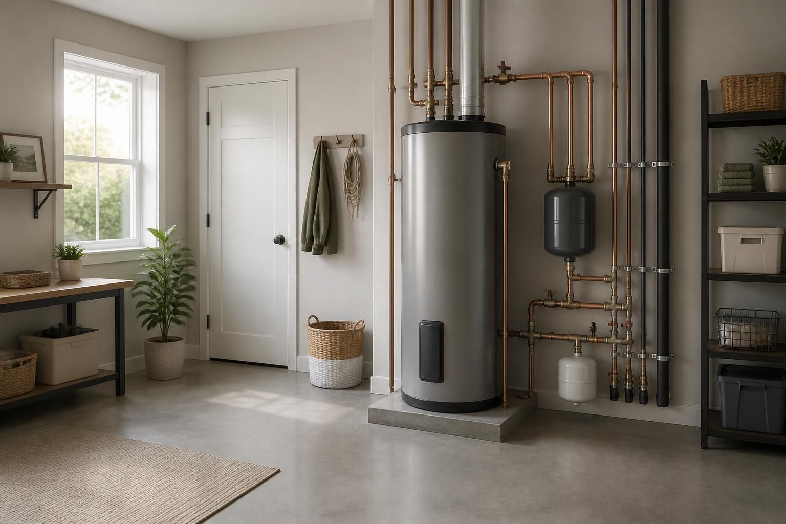 Clean utility room with a modern water heater and neat plumbing.